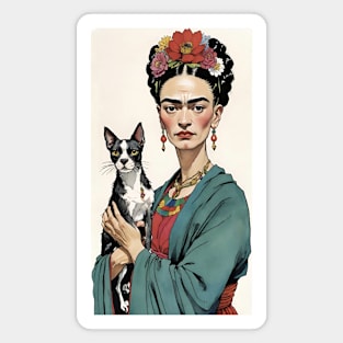 Frida and Her Furry Friend: Cartoon Illustration Magnet